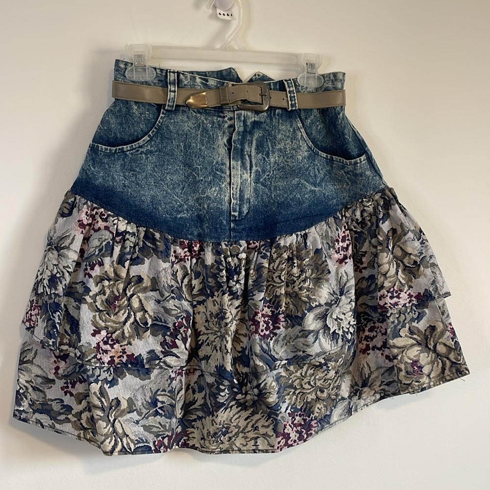 VTG Denim Floral Skirt 11/12 80s Blue Jean Belted Western Stonewash Jacquard